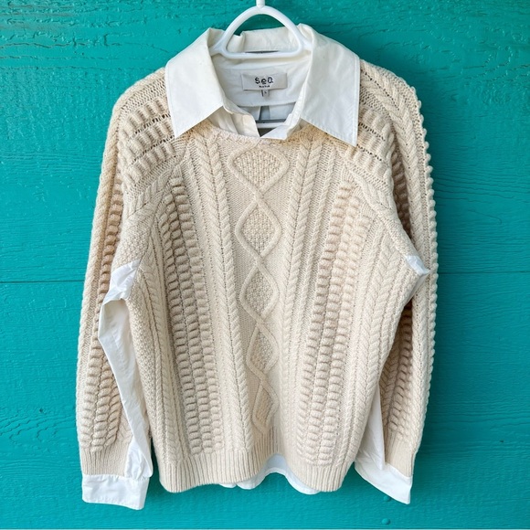 Sea New York Sweaters - Sea New York Leni WOOL Fisherman Cable Knit Sweater Combo in Cream Size LARGE